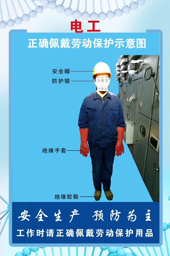 m768正确佩戴劳动保护用品示意图272电工的防护知识海报印制6-4