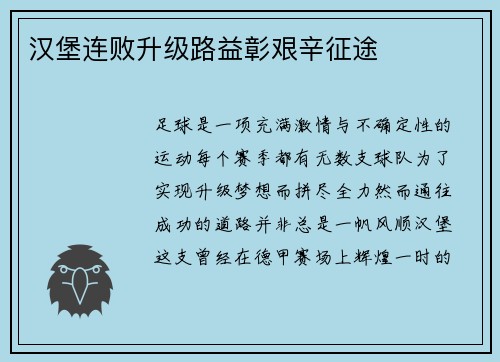 汉堡连败升级路益彰艰辛征途