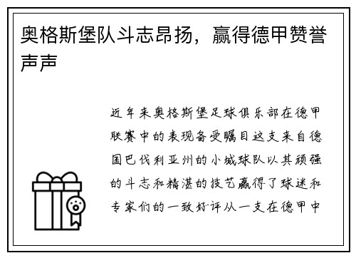奥格斯堡队斗志昂扬，赢得德甲赞誉声声
