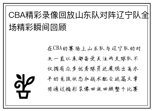 CBA精彩录像回放山东队对阵辽宁队全场精彩瞬间回顾