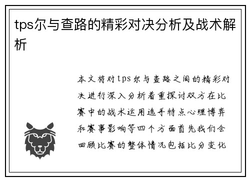 tps尔与查路的精彩对决分析及战术解析