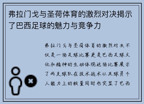 弗拉门戈与圣荷体育的激烈对决揭示了巴西足球的魅力与竞争力