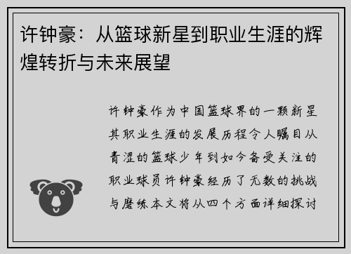 许钟豪：从篮球新星到职业生涯的辉煌转折与未来展望